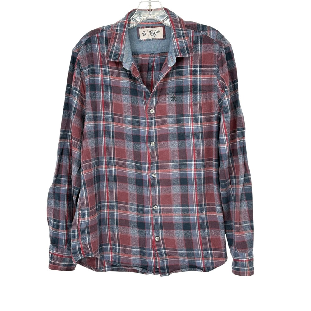 Original Penguin Button Down Shirt Red‎ Plaid Heritage Slim Fit 100% Cotton L